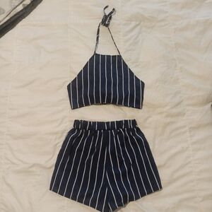 Navy Striped Halter Top and Shorts Set